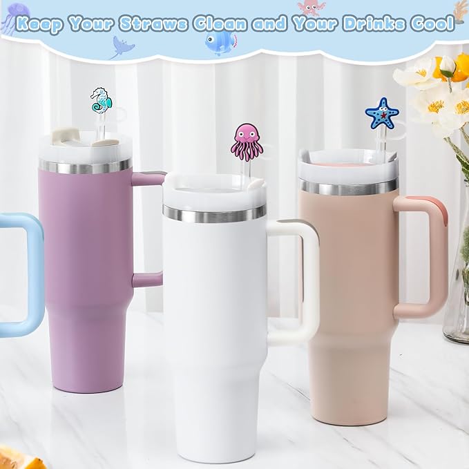 9PCS Straw Covers for Stanley Cup Tumbler 30 oz / 40 oz Leak Proof Straw Toppers 10mm Silicone Sea Animal Caps for Stanley Cup Accessories-Marine Wildlife