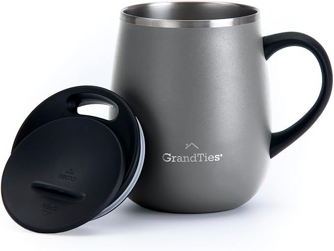 GRANDTIES Insulated Coffee Mug with Handle - Sliding Lid for Splash-Proof 16oz Wine-Glass Shape Thermal Tumbler with Double Walled Vacuum Stainless Steel to Keeps Beverages Hot or Cold-Stone Grey