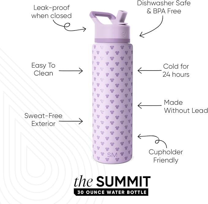 Simple Modern Summit Water Bottle with Straw Lid | Disney 30oz Leak Proof Stainless Steel Insulated Cup | Gifts for Her Him | Minnie Mouse Me on Violet Breeze