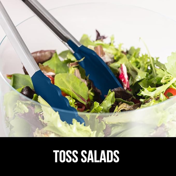 GORILLA GRIP Stainless Steel Heat Resistant Kitchen Tongs for Cooking, Set of 2 BBQ Tong, Non Scratch Silicone Tip for Pans, Strong Grip, Grab Food, Toss Salad, Air Fryer, Pull Lock, 7 + 9 Inch, Blue