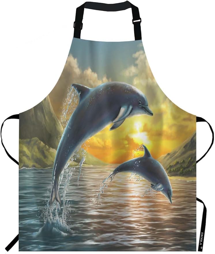 EKOBLA Dolphin Aprons Ocean Jumping Sea Beautiful Sunset Beautiful Landscape Clouds Wave Waterproof Resistant Chef Cooking Kitchen BBQ Adjustable Aprons for Women Men 27x31 Inch