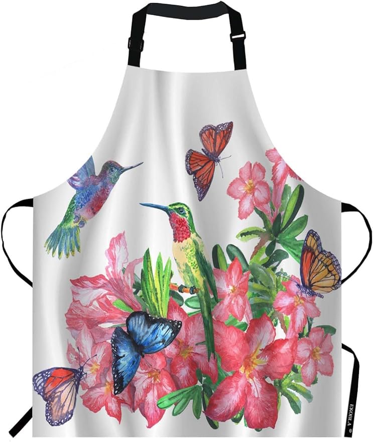 EKOBLA Hummingbirds Aprons Watercolor Painting Butterflies Blossoming Flowers Colorful Waterproof Resistant Chef Cooking Kitchen BBQ Adjustable Aprons for Women Men 27x31 Inch