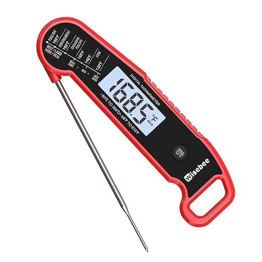 Wisebee Meat Thermometer Digital, 0.5 Sec Instant Read Waterproof Food Thermometer with 180°Auto-Rotate Backlit Display | Anti-Slip Handle | Magnetic Back | Hold Function for Cooking, Red