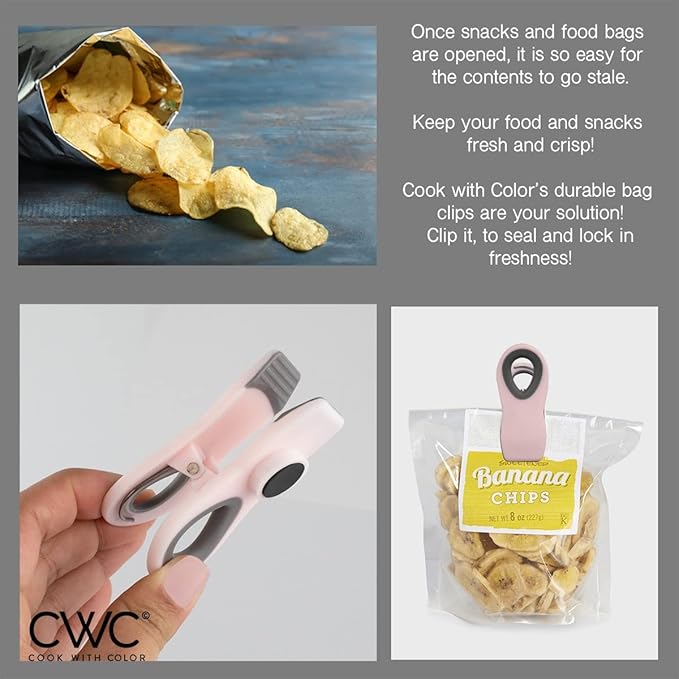 COOK WITH COLOR Bag Clips with Magnet- Food Clips, Chip Clips, Bag Clips for Food Storage with Airtight Seal Grip for Bread Bags, Snack Bags and Food Bags (Multicolor, Pack of 10)