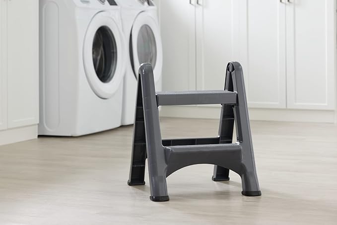 Rubbermaid Two-Step Folding Foot Stool 14-Inch High Gray 300-Pound Capacity Small Step Stool for Adults/Kids for Use in Library/Kitchen/Bathroom/Garage/Closet