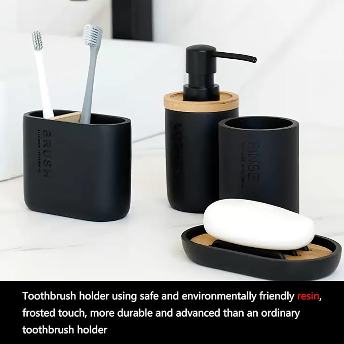 rejomiik Toothbrush Holders Resin Bamboo Tooth Brushing Holder for Bathroom Countertop, Tooth Brush Storage Organizer Stand for Holds Toiletries and Beauty Accessories, Toothpaste, Razor, Matte Black