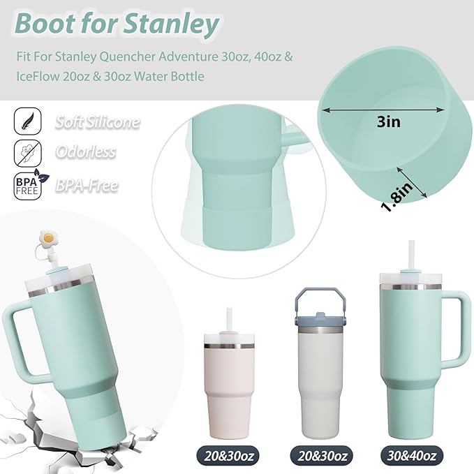 Stanley Cup Accessories Set Including 6 Pcs Silicone Spill Proof Stopper, 2 Pcs Straw Cover Cap for 9-10 mm Straws, 1 Pcs Silicone Boot for Stanley Cup Stanley 40oz & 30oz Tumbler (Seafoam)