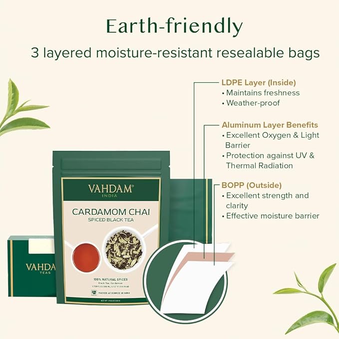 VAHDAM, Cardamom Chai Tea Loose Leaf (50 Cups,3.53 oz)  India's Traditional Cardamom Tea | Spiced Chai Tea | Brew Hot, Iced Or Chai Latte/Masala Chai | Whole Loose-Leaf, Vacuum Sealed