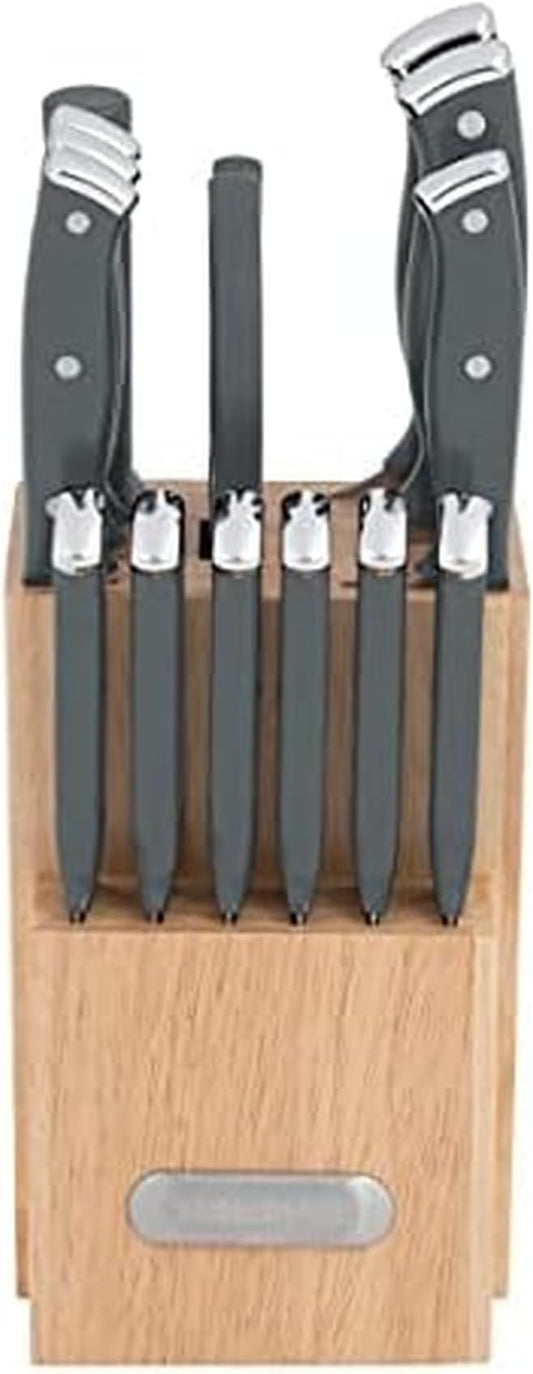Farberware Triple Riveted Knife Block Set, 15-Piece, Gray, High-Carbon Stainless Steel Blades, Ergonomic Handles with Silver Accents, Includes Rubber Wood Storage Block