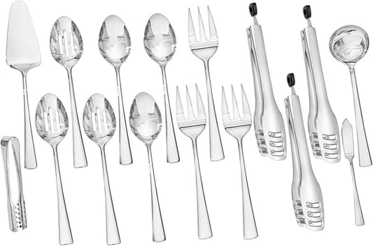 KINGSTONE 16 Piece Serving Utensils Set, 18/10 Stainless Steel Serving Utensils, Slotted Spoon, Fork, Tong, Soup Ladle, Cake Server, Butter Knife and Ice Tong for Buffet, Parties, Kitchen