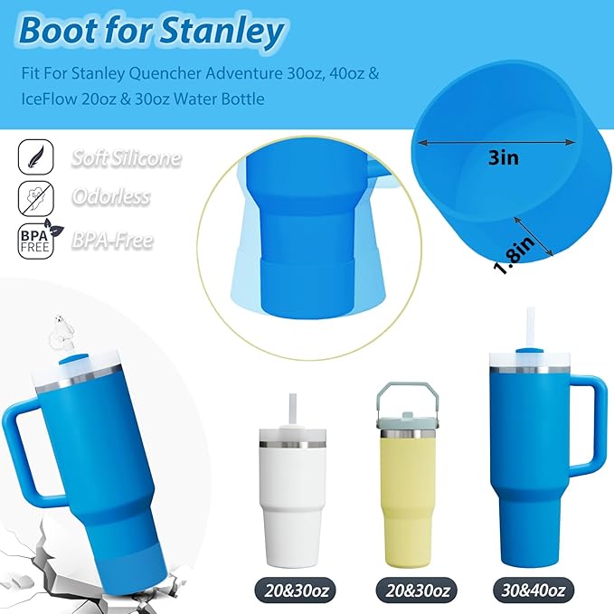 Stanley Cup Accessories Set Including 6 Pcs Silicone Spill Proof Stopper, 2 Pcs Straw Cover Cap for 9-10 mm Straws, 1 Pcs Silicone Boot for Stanley Cup 40oz & 30oz Tumbler (Azure)