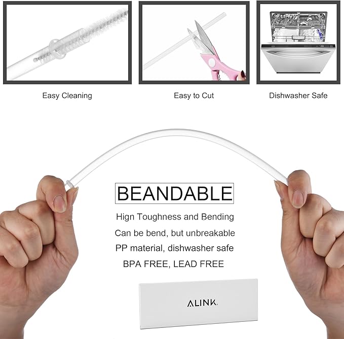 ALINK 12-Pack Reusable Hard Plastic Clear Straws, 10.5 inch Long Tumbler Straws for 16 OZ 20 OZ 30 OZ Stanley, YETI, Starbucks Tumblers with Cleaning Brush