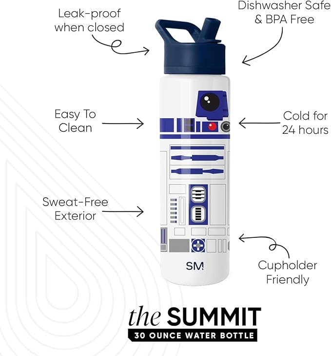Simple Modern Summit Water Bottle with Straw Lid | Star Wars 30oz Leak Proof Stainless Steel Insulated Cup | Gifts for Him | R2D2