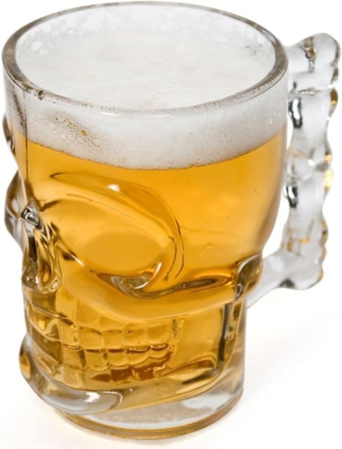 Circleware Skull Face Beer Mug Drinking Glasses with Handle, Set of 2, Heavy Base Funny Entertainment Glassware for Water, Juice and Halloween Decorations Beverage Gifts, 17.6 oz.