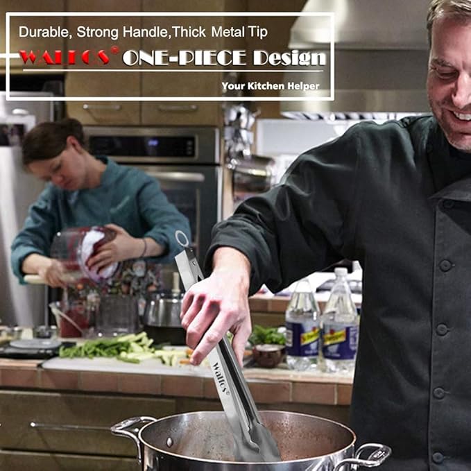 Walfos Kitchen Tongs for Cooking, 600℉ Heat Resistant Stainless Steel Tongs, All Metal Heavy Duty Tongs For Food ,BBQ Grilling - 7 ，9 and 12 Inch ,Set of 3