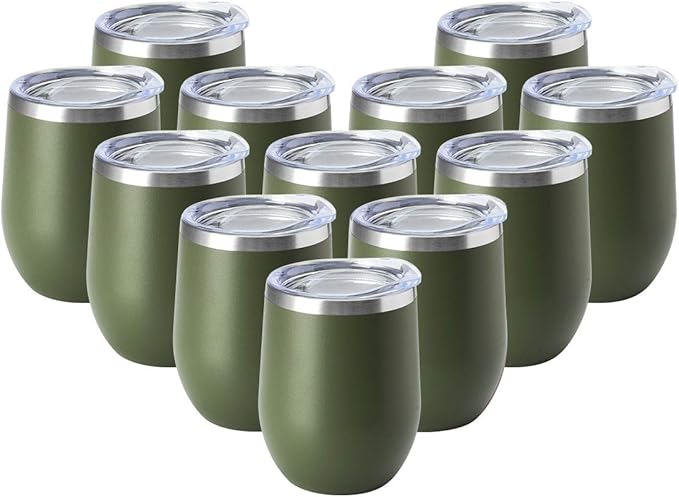 HASLE OUTFITTERS 12oz Wine Tumbler with Lid Stemless Wine Glasses Double Wall Vacuum Travel Mugs stainless steel Coffee Cup for Cold & Hot Drinks Wine Coffee Cocktails Beer 12 Pack Army Green