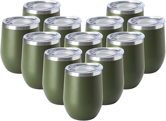 HASLE OUTFITTERS 12oz Wine Tumbler with Lid Stemless Wine Glasses Double Wall Vacuum Travel Mugs stainless steel Coffee Cup for Cold & Hot Drinks Wine Coffee Cocktails Beer 12 Pack Army Green