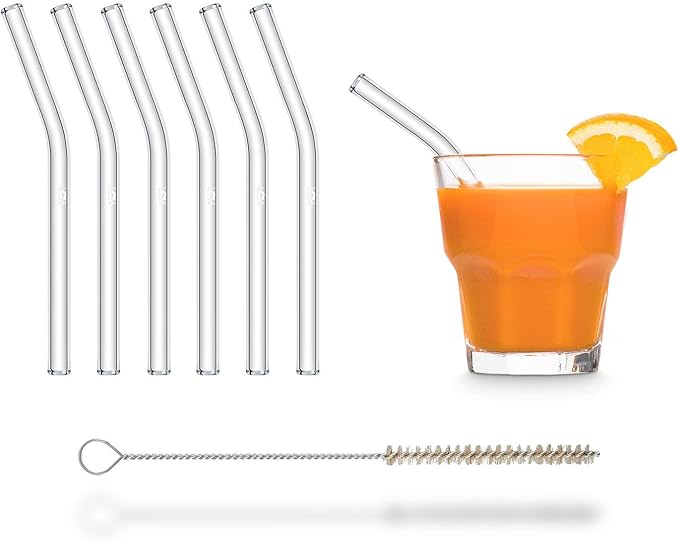 Halm Glass Straws – 6x Short 6 Inch bent Reusable Drinking Straws + Plastic-Free Cleaning Brush - Dishwasher Safe - Eco-Friendly - Perfect for Smoothies, Cocktails - Made in Germany