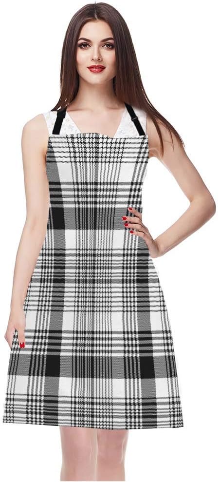 EKOBLA Tartan Pattern Aprons Gingham Plaid Square Monochrome Grid Stripe Black White Waterproof Resistant Chef Cooking Kitchen BBQ Adjustable Aprons for Women Men 27x31 Inch