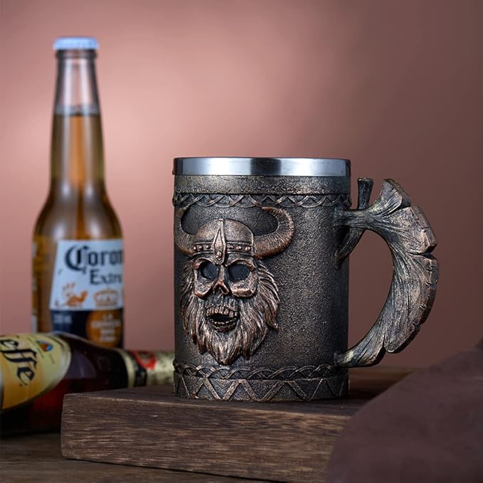 Arola Viking Axe Mug, Stainless Steel Horn Beer Cup, Viking Warrior Skull Cup Tankard, Drinking Cup Coffee Beer Steins,Medieval Skull Drinkware Mug for Coffee/Beverage/Juice17oz Gift for Men