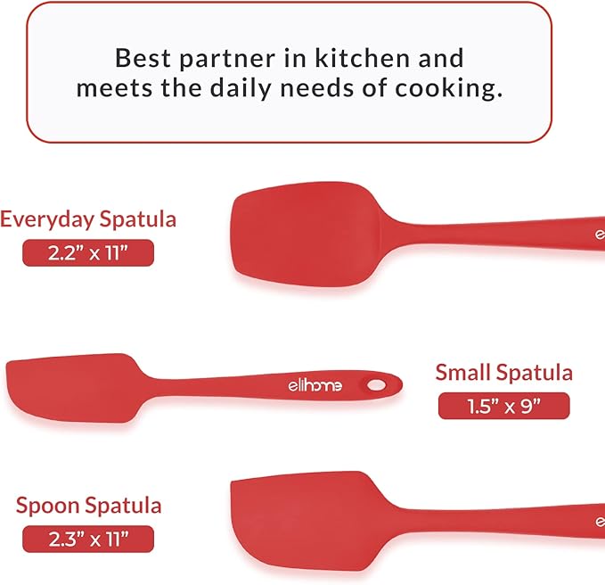 Elihome Chef Series 3 Piece Silicone Spatula Set - 600°F Heat Resistant Non Stick Rubber Kitchen Scraper Spatulas for Cooking, Baking, and Mixing – BPA Free and LFGB Certified Silicone (Red)