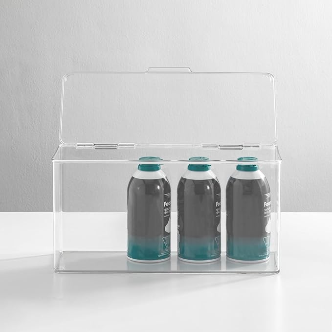 mDesign Plastic Bathroom Storage Organizer Box Containers with Hinged Lid for Vanity Drawers - Holds Lotions, Face Towels, Cotton Swabs, Soap, or Accessories - Lumiere Collection - 4 Pack - Clear