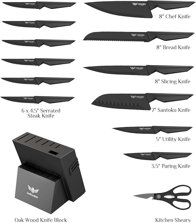 Knife Set - Haugo 15 PCS Kitchen Knife Set with Built in Sharpener - Dishwasher Safe Kitchen Knives - High Carbon Stainless Steel Knife Block Set with Ergonomic Handles - Panther Series