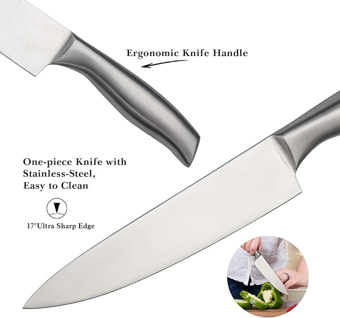 Knife Set, 14 Pieces Kitchen Knife Set with Wood Block, Chef Knife with 6 Pieces Serrated Steak Knives, High Carbon Stainless Steel Knife Sets for Multipurpose Cooking