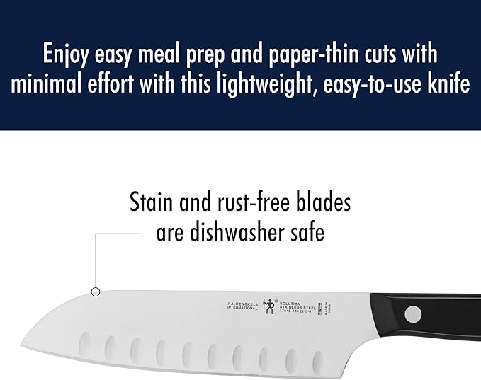HENCKELS Solution Razor-Sharp Hollow Edge Santoku Knife 5.5 inch, German Engineered Informed by 100+ Years of Mastery, Black/Stainless Steel