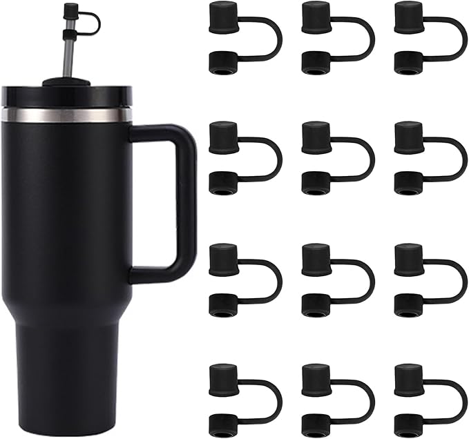 12PCS Silicone Straw Covers Cap Compatible with Stanley Cup 30-40 oz Tumbler with Handle 10mm Straw Toppers，Dust-Proof Reusable Straw Cover for Stanley Cup Accessories (Black)