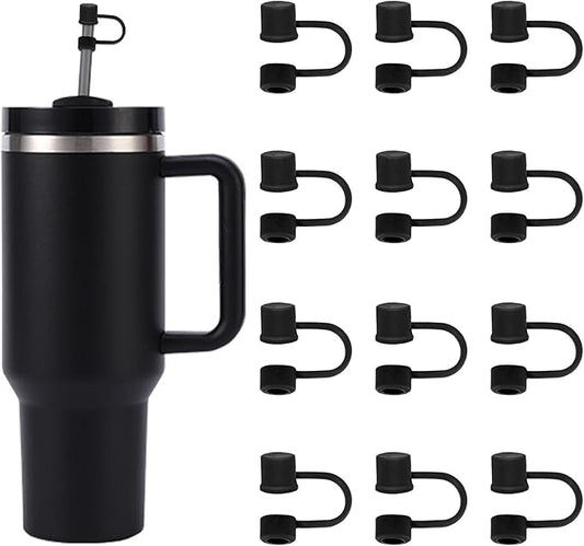 12PCS Silicone Straw Covers Cap Compatible with Stanley Cup 30-40 oz Tumbler with Handle 10mm Straw Toppers，Dust-Proof Reusable Straw Cover for Stanley Cup Accessories (Black)