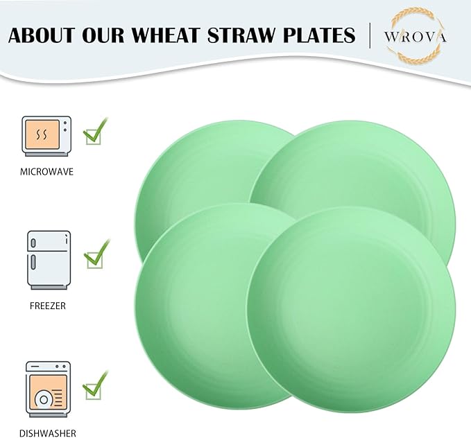 Wrova Wheat Straw Plates - 9 Inch Unbreakable Dinner Plates Set of 8 - Dishwasher & Microwave Safe Plastic Plates Reusable for Kitchen and Camping (Light Green)