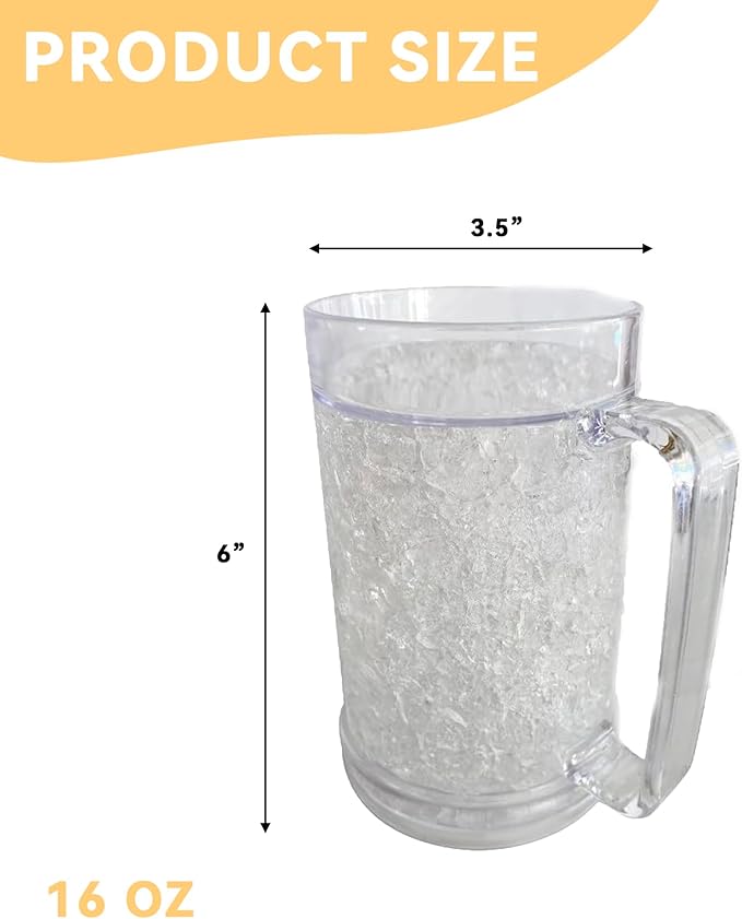 Lily's Home 16oz set of 4 Insulated Double Wall Gel-Filled Acrylic Frosted Freezer Stein Mugs, Great as Old Fashion Drinking Glasses at BBQs and Parties, Clear