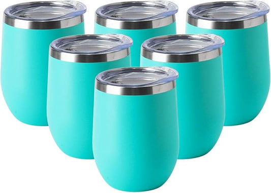 HASLE OUTFITTERS 12oz Wine Tumbler with Lid Stemless Wine Glasses Double Wall Vacuum Travel Mugs stainless steel Coffee Cup for Cold & Hot Drinks Wine Coffee Cocktails Beer 6 Pack Light Blue