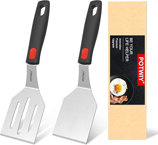Stainless Steel Spatula Set, 2 Pack Small Metal Spatulas for Kitchen Use, Solid and Slotted Turner with Silicone Handle, Spatula for Cast Iron Skillet Cooking, Cookie and Brownie Serving