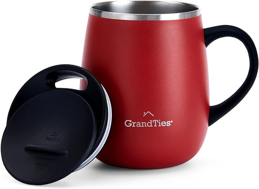 GRANDTIES Insulated Coffee Mug with Handle - Sliding Lid for Splash-Proof 16oz Wine-Glass Shape Thermal Tumbler with Double Walled Vacuum Stainless Steel to Keeps Beverages Hot or Cold-Cranberry