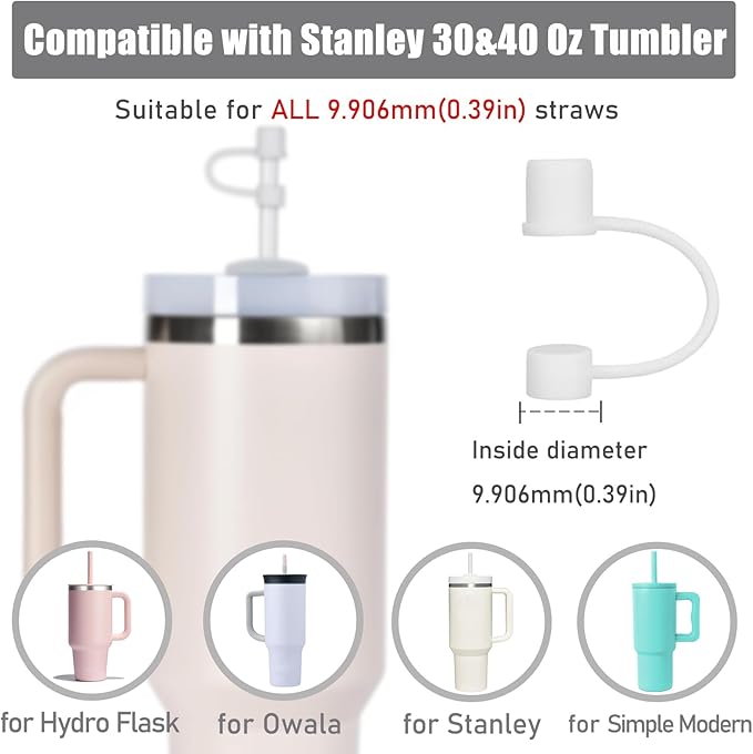 6PCS Silicone Straw Covers Cap Compatible with Stanley Cup 30-40 oz Tumbler with Handle 10mm Straw Toppers，Dust-Proof Reusable Straw Cover for Stanley Cup Accessories (White)
