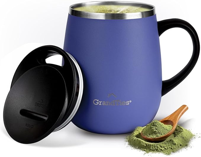 GRANDTIES Insulated Coffee Mug with Handle - Sliding Lid for Splash-Proof 16oz Wine-Glass Shape Thermal Tumbler with Double Walled Vacuum Stainless Steel to Keeps Beverages Hot or Cold-Periwinkle
