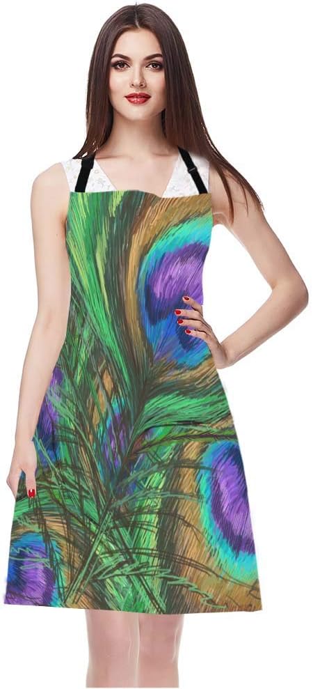 EKOBLA Peacock Feathers Aprons Animal Beautiful Colorful Digital Paint Shiny Green Purple Waterproof Resistant Chef Cooking Kitchen BBQ Adjustable Aprons for Women Men 27x31 Inch