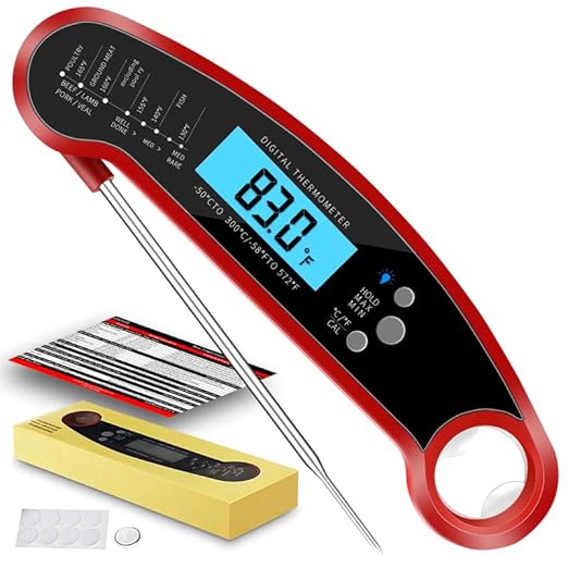 Cooking Thermometer,IP67 Waterproof Digital Meat Thermometer with Backlight, Calibration & Hold Function，Food Thermometer for Cooking,Outdoor Grilling,Candy Making