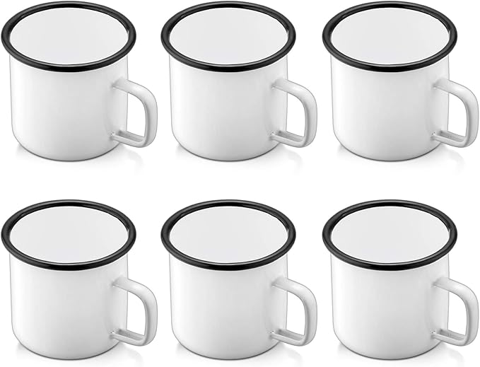 P&P CHEF Enamel Camping Coffee Mug Set of 6, Small Colored Mugs Cups for Family Gathering/Friend Party/Camping/Picnic/Fishing, Lightweight & Portable -12 Ounce, 350ML & White