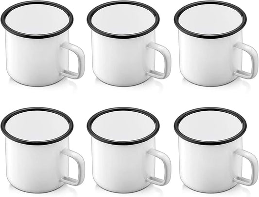 P&P CHEF Enamel Camping Coffee Mug Set of 6, Small Colored Mugs Cups for Family Gathering/Friend Party/Camping/Picnic/Fishing, Lightweight & Portable -12 Ounce, 350ML & White