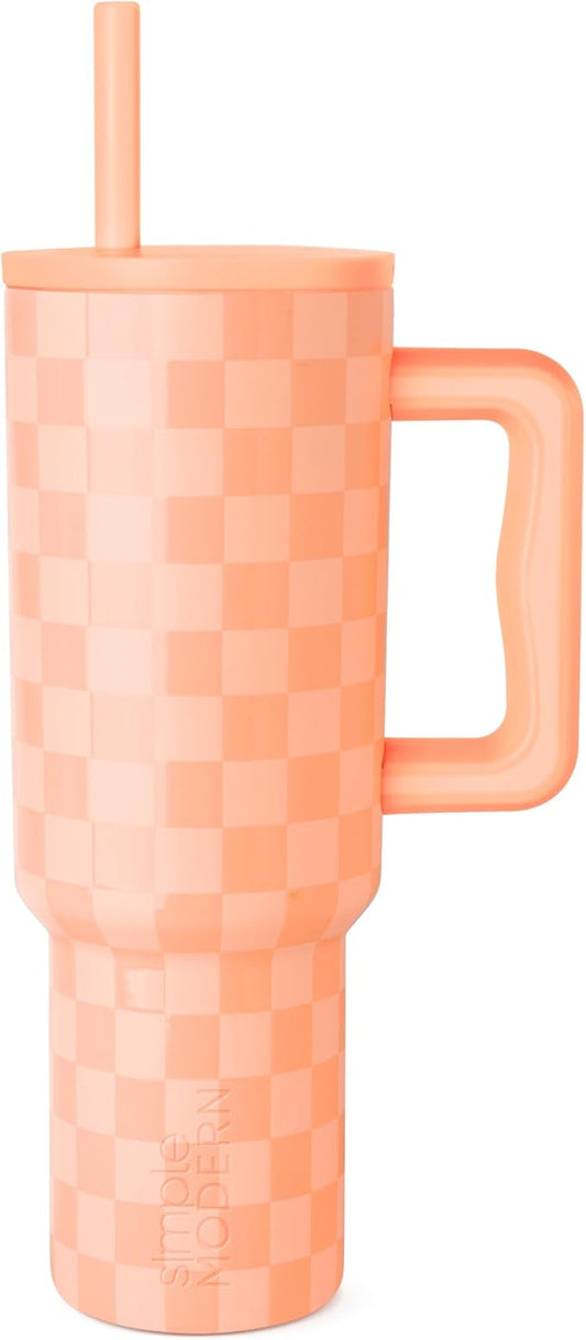 Simple Modern 40 oz Tumbler with Handle and Straw Lid | Leak-Proof Insulated Stainless Steel Water Bottle Travel Mug Cupholder Use | Gifts for Women Her | Trek Signature | Tropical Peach Checkmate
