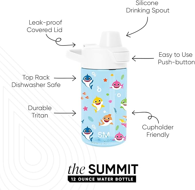 Simple Modern Baby Shark Kids Tritan Plastic Summit Water Bottle | 12 oz BPA-Free Cup with Covered Leak Proof Straw Lid for Boys, Girls, Toddlers | Friends