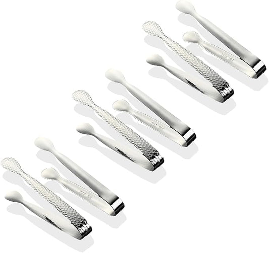 6Pcs 4.3" Stainless Steel Mini Ice Tongs – Ideal for coffee bars, tea parties, dessert events & kitchen use (sugar/ice buckets, appetizers). Available in shiny/textured surface styles for versatile