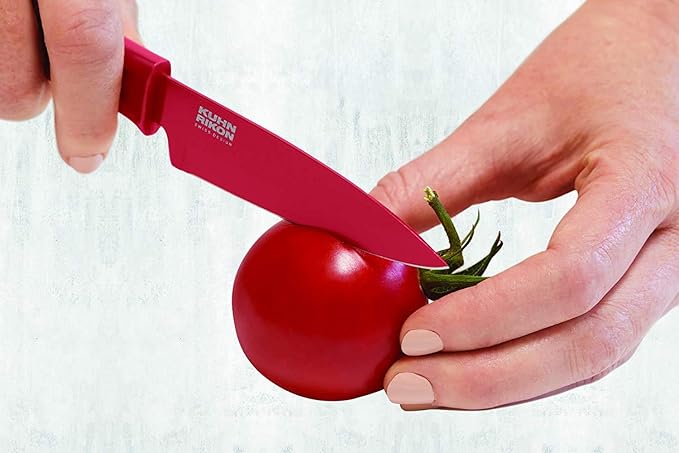 Kuhn Rikon Straight Paring Knife with Safety Sheath, 4 inch/10.16 cm Blade, Red, Yellow & Blue (Pack of 1)