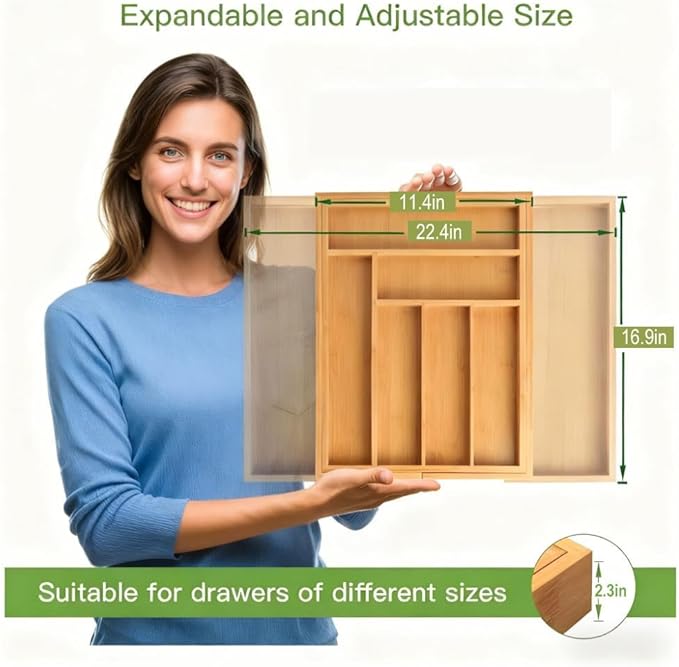 QUEENKAY Bamboo Expandable Drawer Organizer for Utensils Holder, Wood Drawer Dividers for Silverware, Flatware, Knives in Kitchen, Bedroom, Living Room