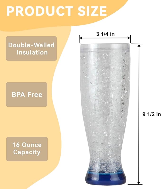 Lily's Home 16 oz Set of 4 Freezer Beer Mugs, Double Wall, Insulated with Liquid Gel Plastic Freezable Glasses, Glass for Freezer, Chiller Frosty Cup,for party
