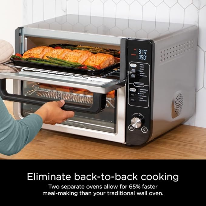 Ninja DCT401 12-in-1 Double Oven with FlexDoor, FlavorSeal & Smart Finish, Rapid Top Convection and Air Fry Bottom , Bake, Roast, Toast, Air Fry, Pizza and More, Stainless Steel