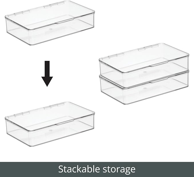 mDesign Plastic Stackable Storage Organizer Bin with Hinged Lid for Bathroom, Cabinet, Drawer, Under Sink, Shelf Organization Holds Medicine, Bath Essentials, Cleaning Supplies - 4 Pack - Clear